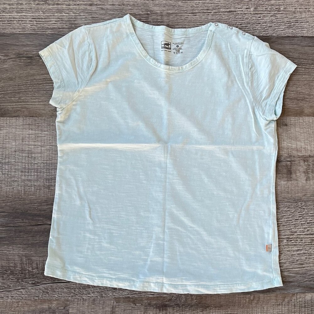 Horny Toad Women’s Sz M Medium Light Green/Blue Short Sleeve T Shirt Snaps